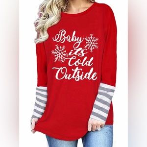 NWOT!! Woman’s Christmas “Baby it’s Cold Outside” striped sleeves Top.